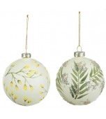 Christmas Ornament - Glass Baubles, Matte White with Green Foliage/Flowers, Assorted